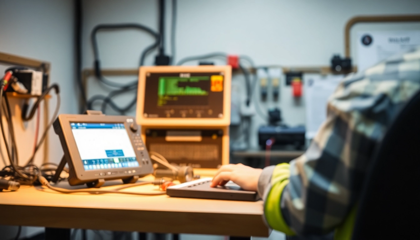 Techniker führt eine DGUV V3 Prüfung mit Sicherheitsgeräten durch, um die Arbeitsplatzsicherheit zu gewährleisten.