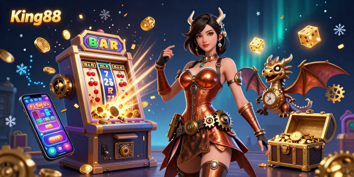 Play exciting games at King88 with vibrant casino elements and a stunning steampunk theme.