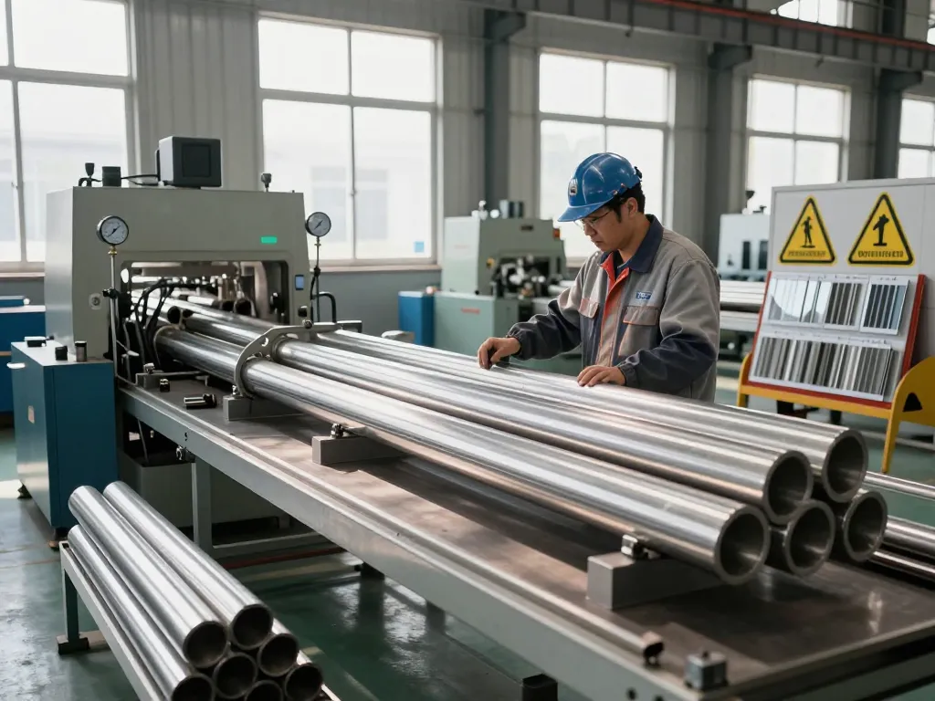 Technician inspecting sumwin stainless steel pipes in a bright industrial workshop