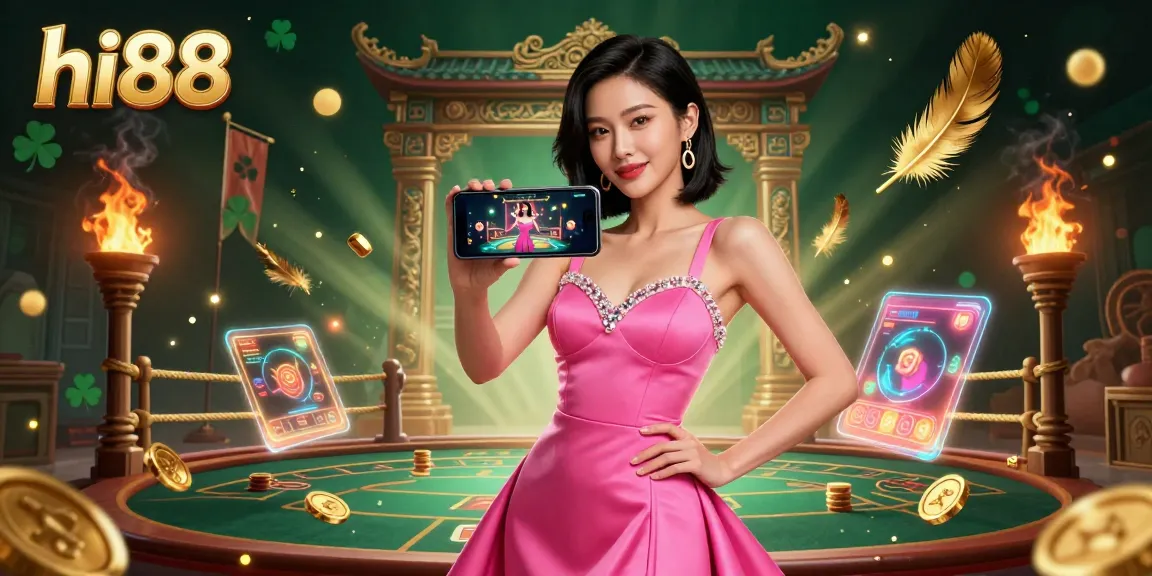 Experience the excitement of hi88 live dealer games with vibrant illustrations of casino elements and a stylish player.