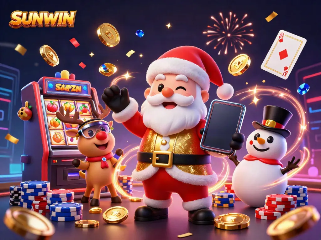 SUNWIN's festive casino scene with a Santa, reindeer, and snowman celebrating big jackpots.
