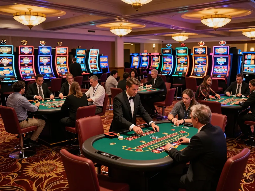 F168 KJC players engage in high-stakes blackjack and roulette at a bustling casino floor.