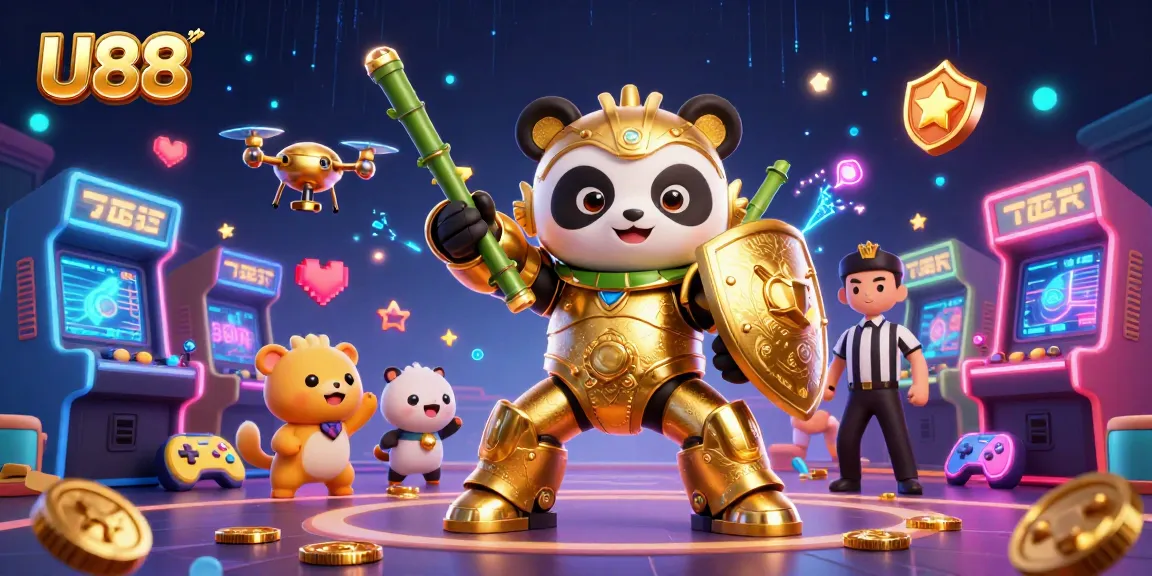 Experience the vibrant action at U88 as a mech-suit panda battles in a dynamic casino arena.