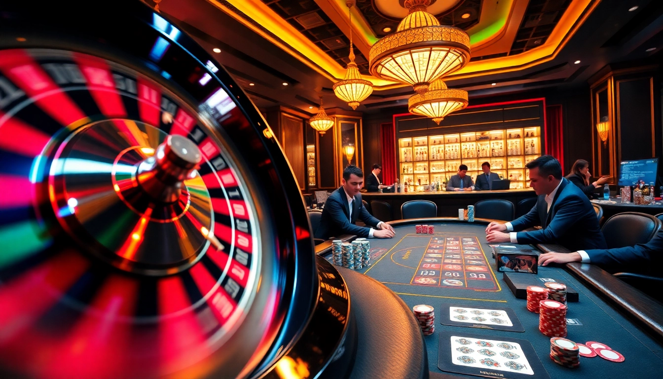 Engaging roulette action with players and tt88 com ambiance in a luxurious casino setting.