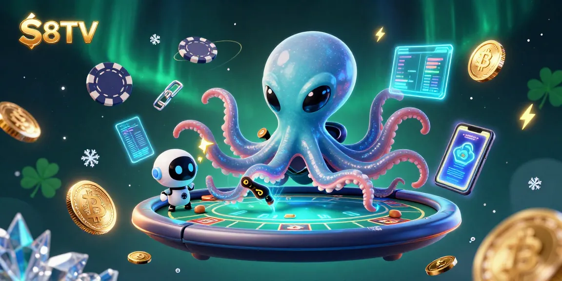 S8TV enhances your experience by featuring an alien octopus at a holographic poker table, showcasing vibrant crypto elements.