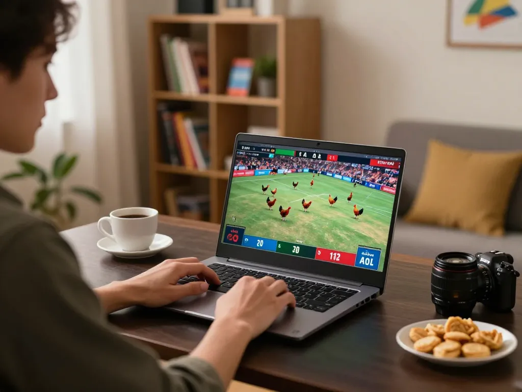 Engaging in đá gà trực tiếp with live streaming setup, laptop displaying intense matches, cozy home environment