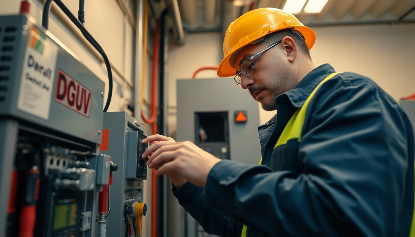 Technician performing a DGUV V3 Prüfung on electrical equipment, ensuring workplace safety standards.