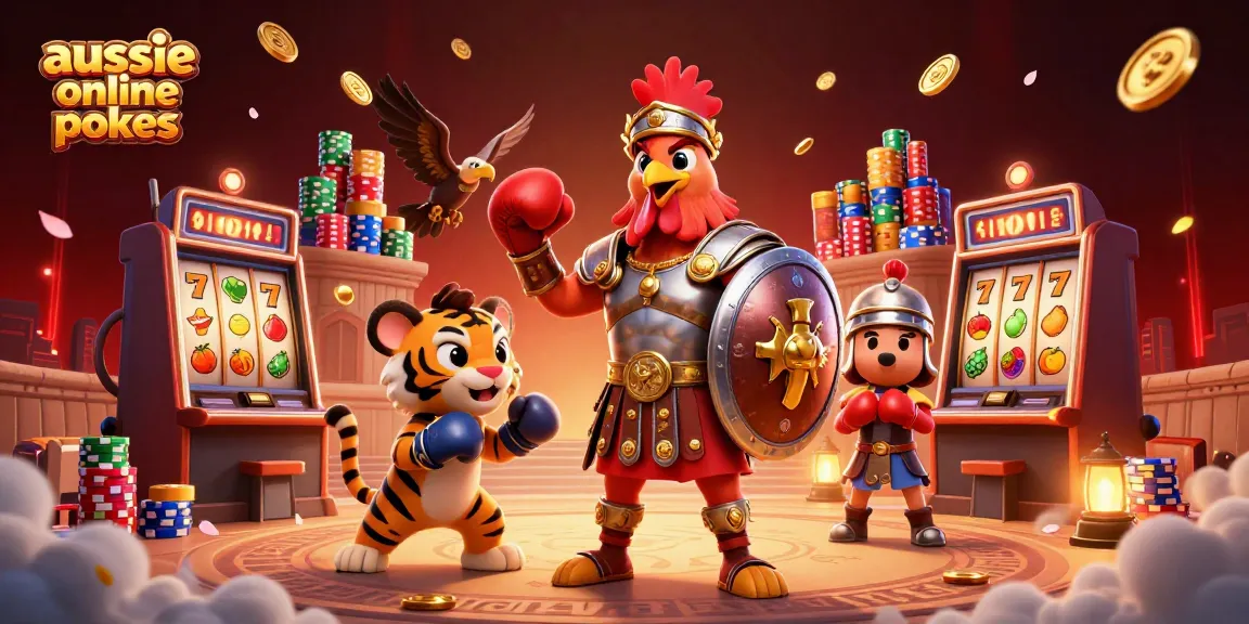 Aussie online pokies come alive with a gladiator rooster and vibrant slot elements in this 3D illustration.