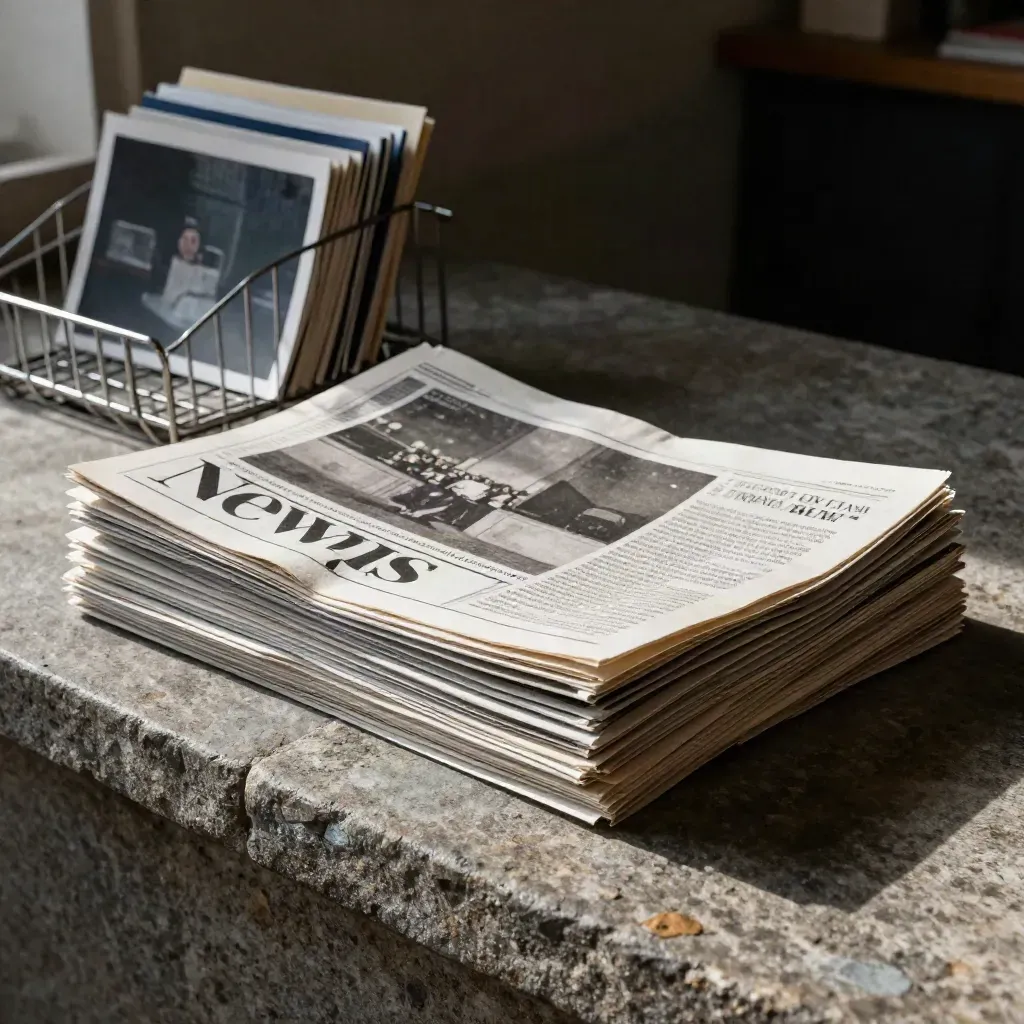 Gemeindeblatt- und Fotostapel mit Navy-Tabs im Drahtsortierer auf einer Steinleiste.