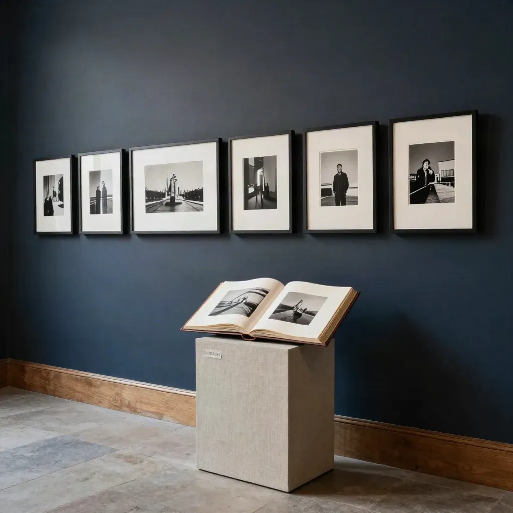 Dunkle Fotogalerie mit Rahmen, Album und Bildhüllen in dramatischem Licht.