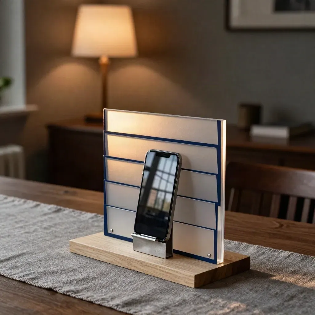 Sponsor-Direktions-Ecke mit Acrylfächern, Smartphone und warmem Fensterlicht