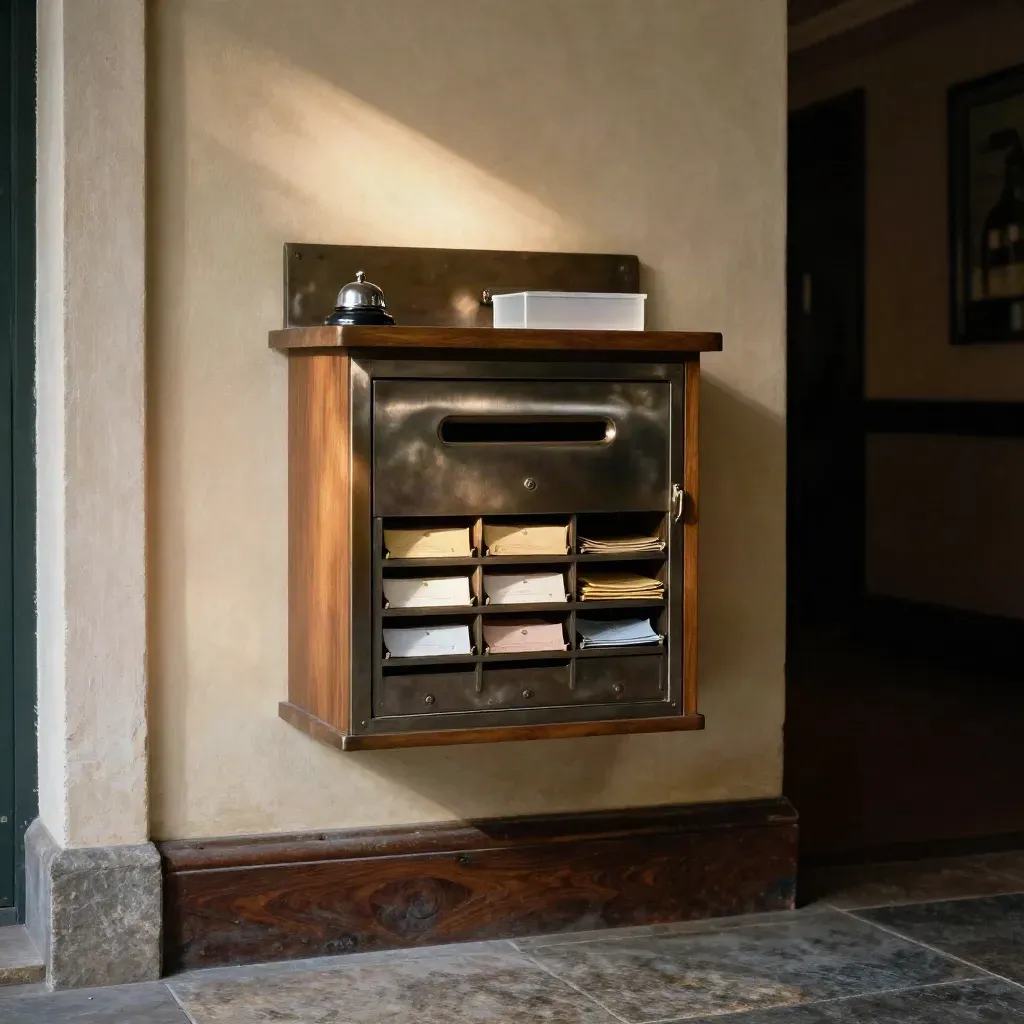 Dunkler Kontaktbereich mit Briefschlitzen, Klingel und Ablage in einer ruhigen Ecke.
