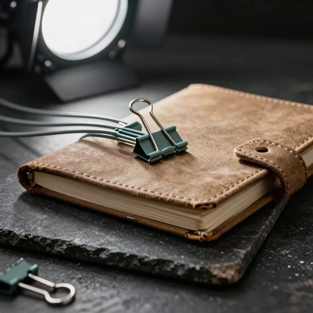 Dramatisches Stillleben mit Kabelbindern, farbigen Clips, Notizbuch und Planpouch auf dunklem Stein.