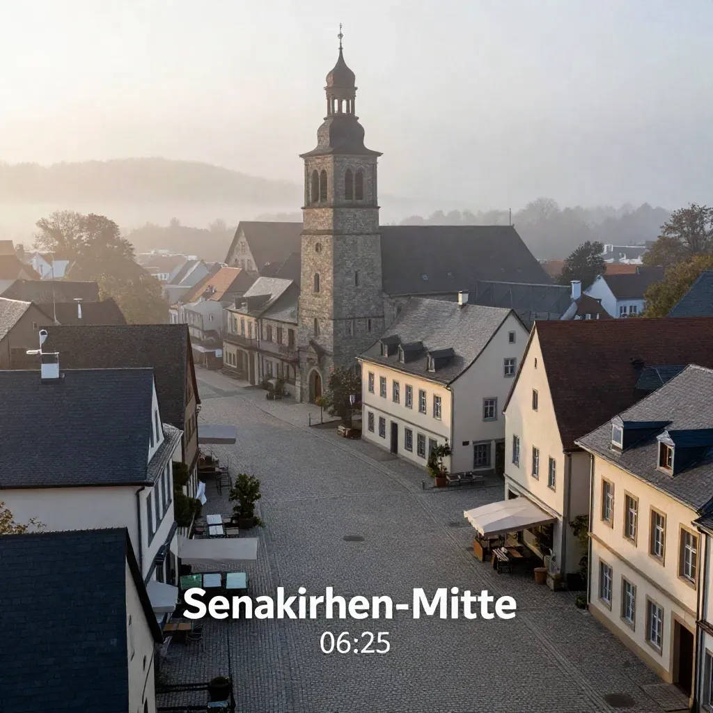 Rathaus in Senkirchen-Mitte im Morgennebel, Turm hoch, leerer Platz unten