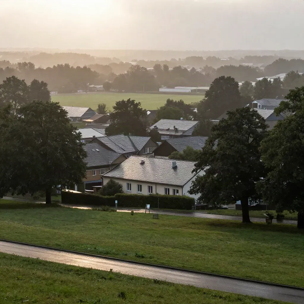 Regenverhangener Blick auf Senkirchen-Nord mit Schuldächern, Grünstreifen und Sportfeld