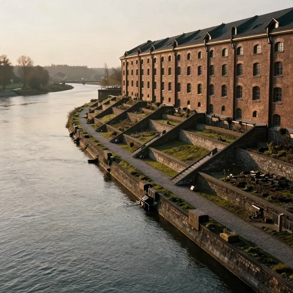 Sonnenuntergang über dem Flussbogen in Senkirchen-Süd mit Gärten und Backstein am Ufer