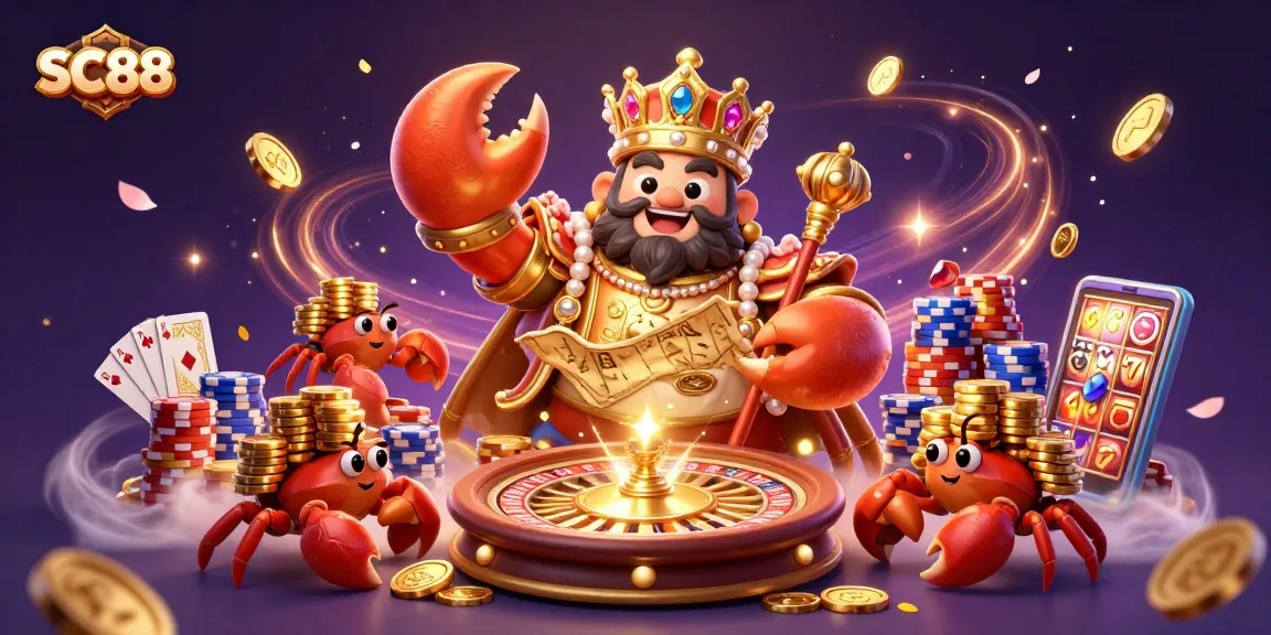 Experience SC88 with a vibrant scene of a golden crab emperor and treasure in a casino setting.