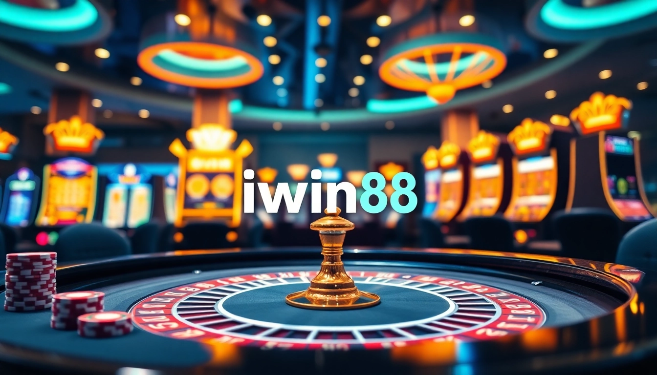 Iwin68 online casino gaming ambiance, showcasing high stakes and luxurious gaming elements.