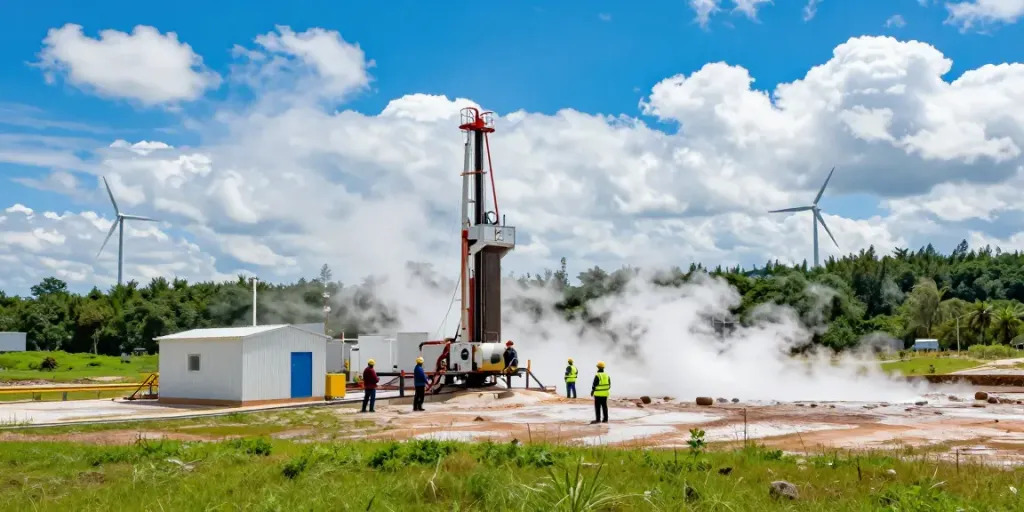 Geothermie-Anlage mit Ingenieuren bei der Überprüfung von Bohrgeräten in einer grünen Umgebung.