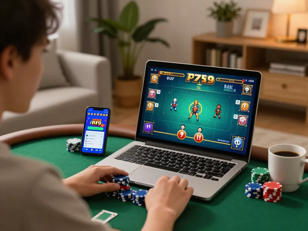 Playing poker on fun79 app in a cozy home setting with warm lighting.