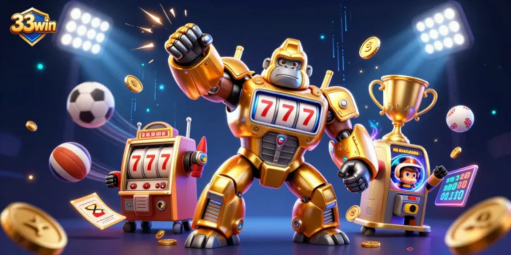 Join the excitement at 33win with a unique 3D illustration featuring vibrant gaming elements and a dynamic character.