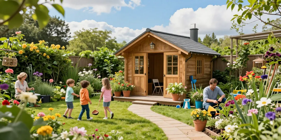 Gartenhaus umgeben von Blumen und Familienaktivitäten im Freien, ideal für entspannte Momente.