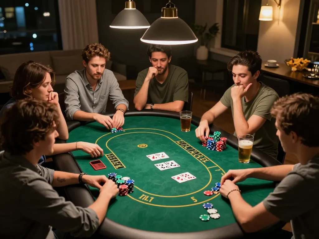 SX88 poker night at home with friends around a table, engaging in Texas Hold'em game.