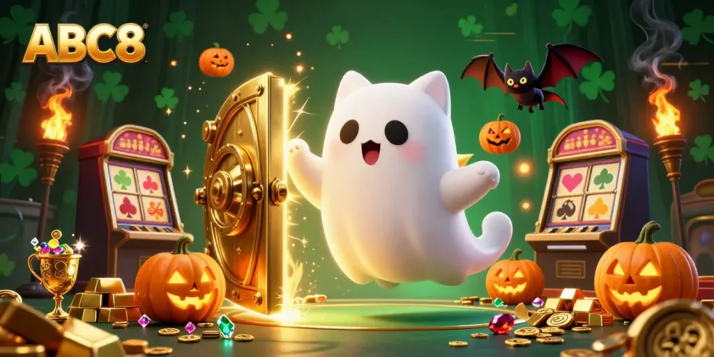 Engage with ABC8’s exciting gaming environment featuring a friendly ghost cat in a haunted casino.