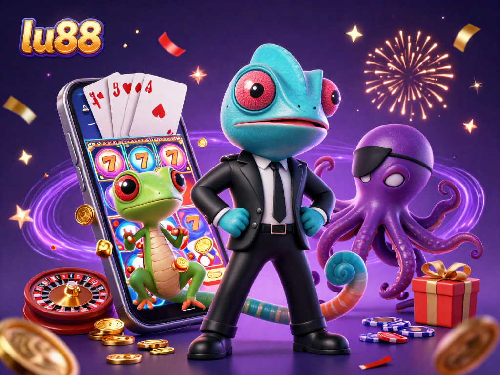 Join the adventure at lu88 and spin colorful slots with animated characters in a vibrant casino scene.
