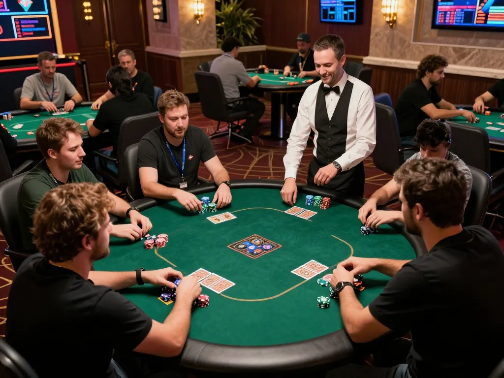 Exciting poker game at https://vmax88vip.com/, players engaged with dealer managing bets at a stylish casino.