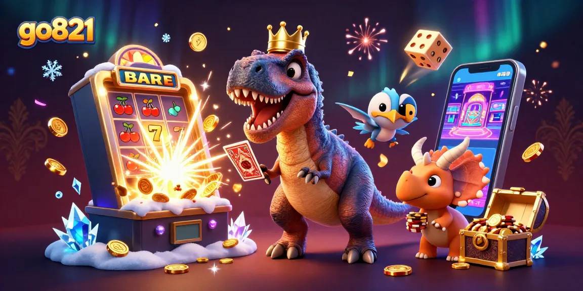 Join the fun at go821 with a T-Rex shuffling cards and pterodactyl assisting in a vibrant casino scene.