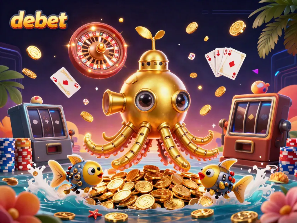Experience the excitement of debet with a vibrant underwater casino scene featuring a golden kraken and mechanical fish.