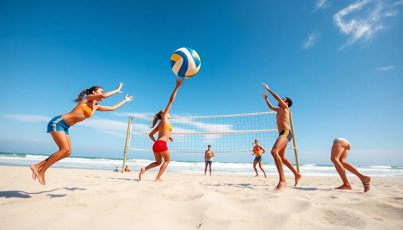 Gekonnte Athleten bei einem Beach Volleyball Camp trainieren energisch am Strand.