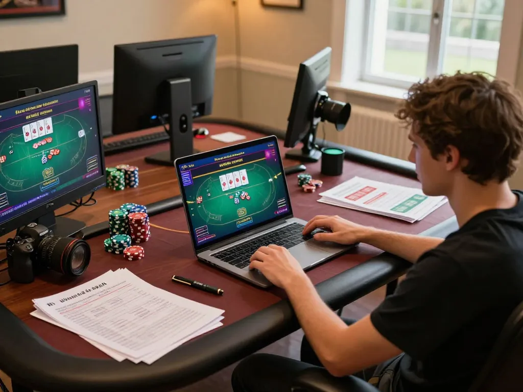 Engaged in strategic online casino gameplay, a user assesses poker cards on a laptop, utilizing the KI Detektor Uni for enhanced results.