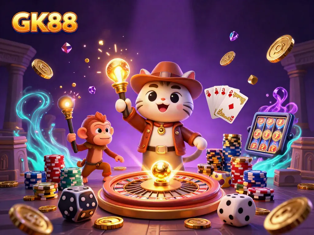 GK88 players can enjoy thrilling adventures discovering treasures amidst cascading coins and vibrant casino elements.
