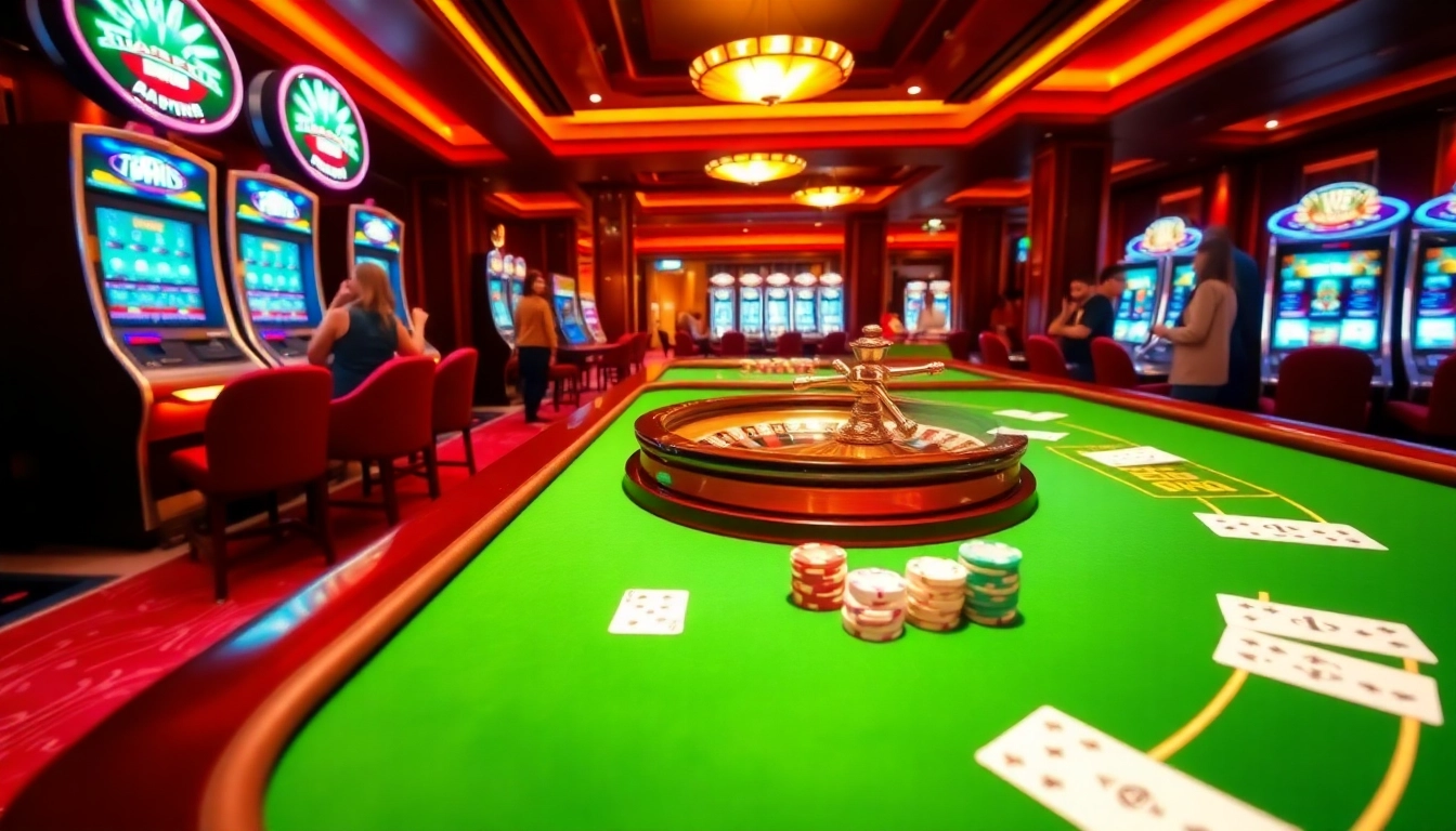 Excitement at 789win with vibrant casino tables, colorful poker chips, and roulette games.