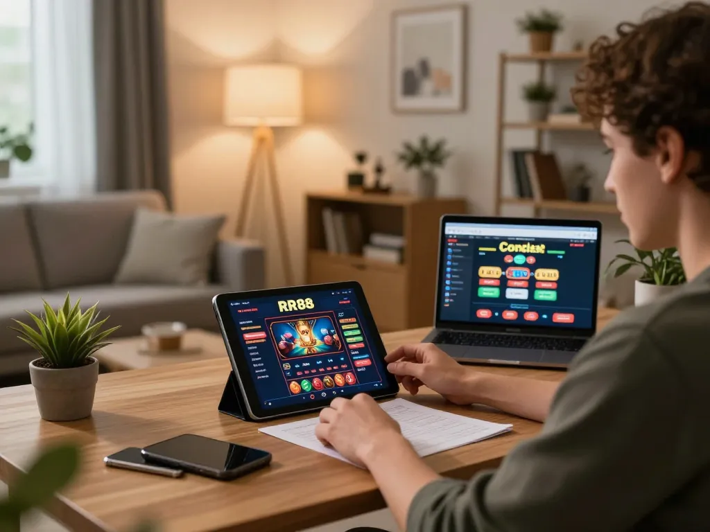 Engaged user accessing RR88 online casino, showcasing a modern gaming setup in a cozy living room.