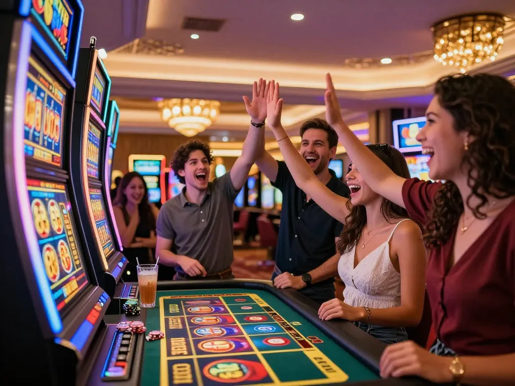 Friends celebrating a big win at the Lucky 88 slot machine in a vibrant casino.