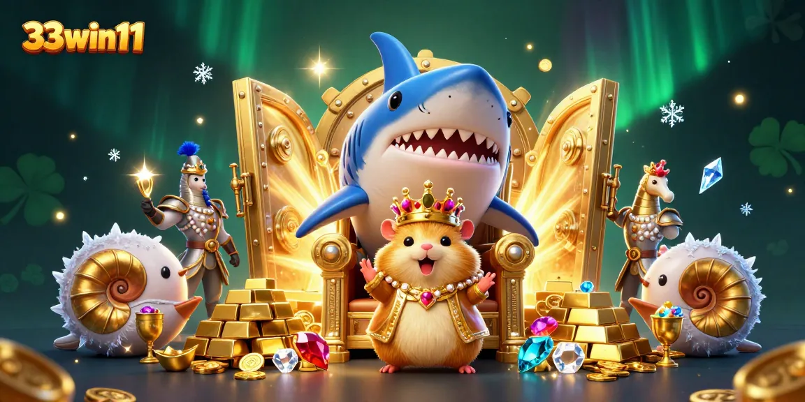 Experience thrilling wins at 33win11 with vibrant visuals of a golden hamster king amidst riches.