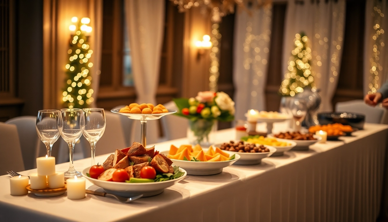Genießen Sie erstklassigen Partyservice mit einem festlichen Buffet voller köstlicher Speisen und ansprechender Dekoration.