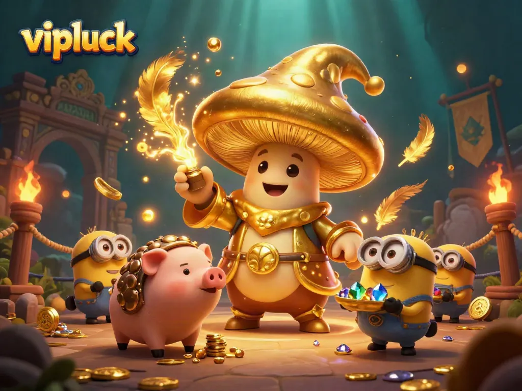 Experience the vibrant magic at vipluck casino with a dazzling golden mushroom wizard and treasures!