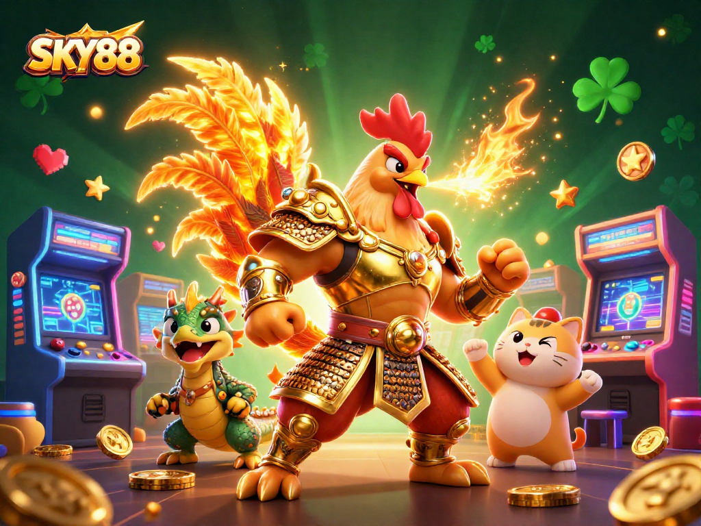 SKY88 features a dynamic scene with cartoon characters in a magical casino setting.