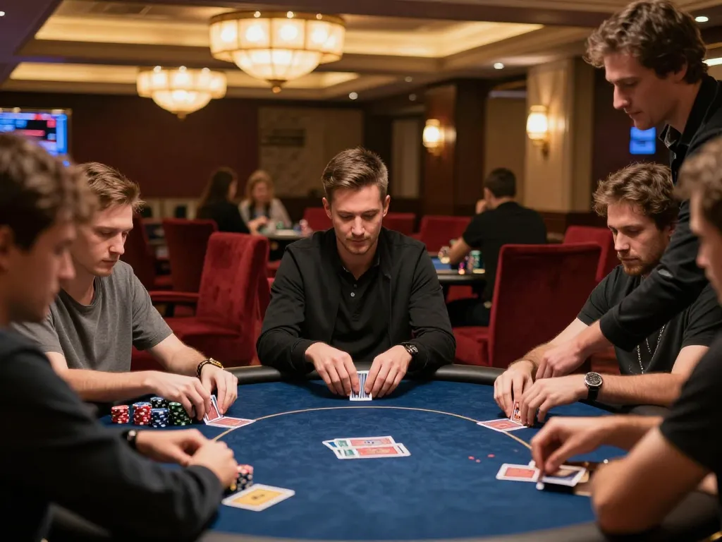 Engaging poker game showcasing giải mã số học strategies with players analyzing cards in a stylish casino lounge.
