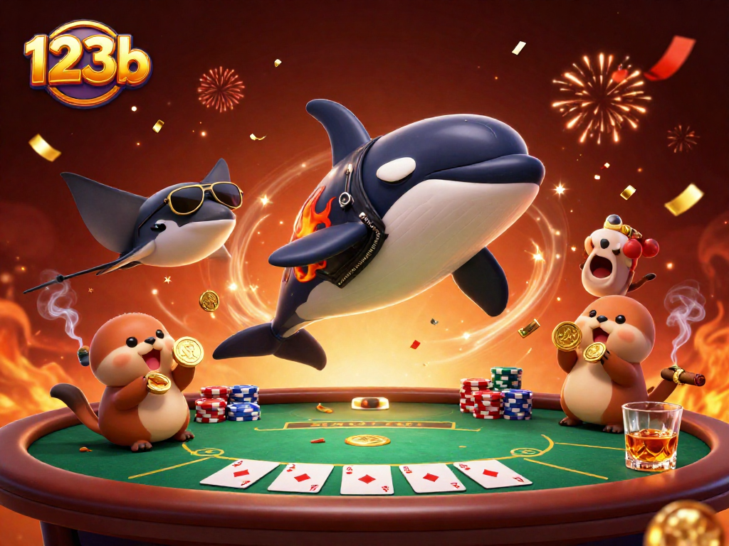 Experience thrilling games with 123b's dynamic characters winning in a vibrant casino scene.