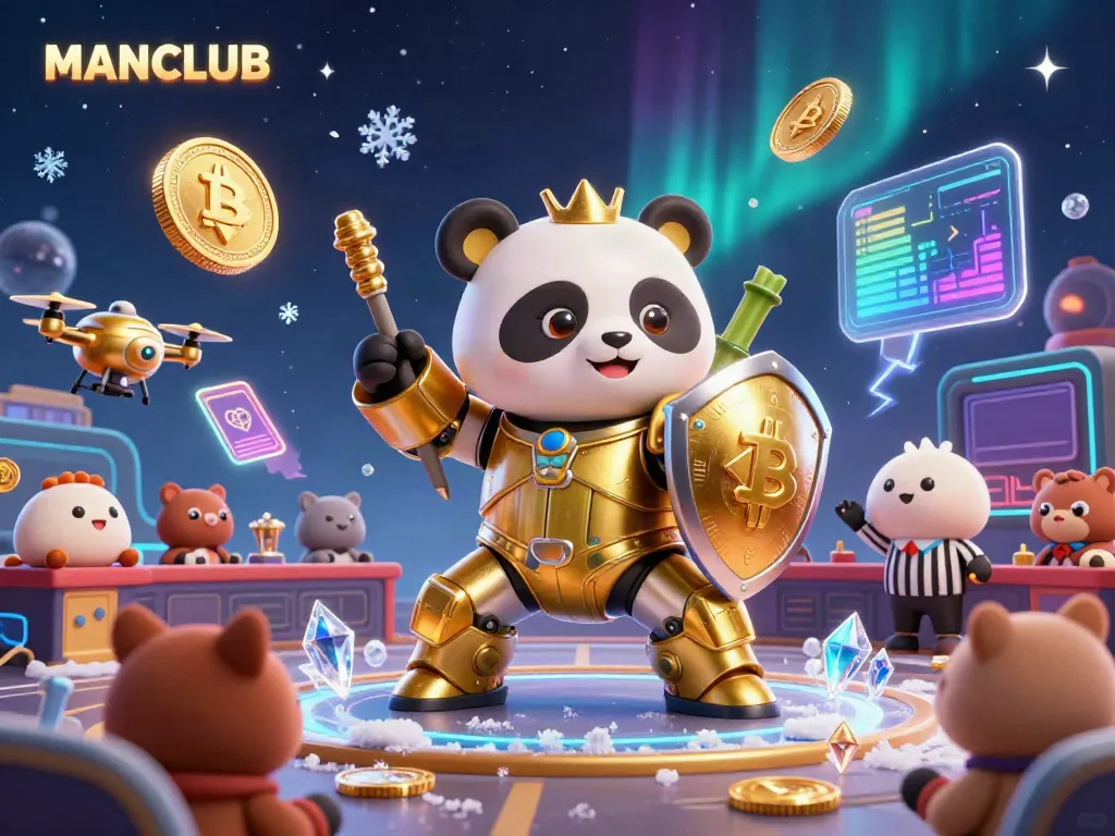 Experience the excitement of MANCLUB with a golden panda mech in a dynamic casino arena filled with crypto elements.