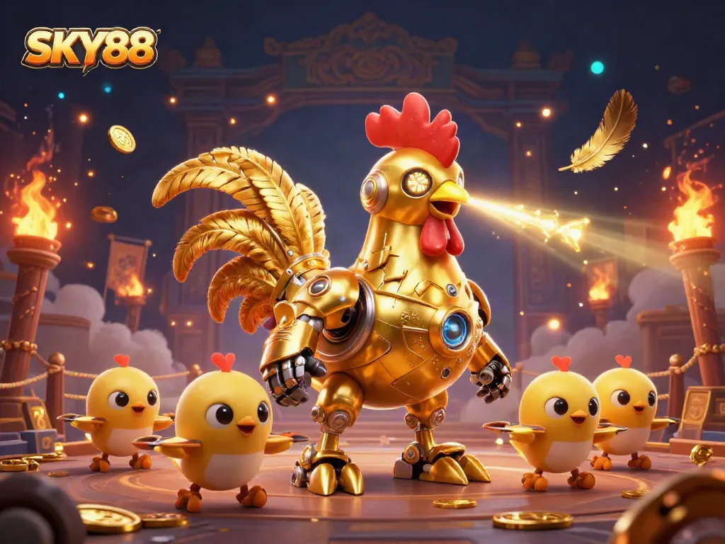 Engage with SKY88's thrilling golden rooster robot and baby chick drones in a dynamic casino scene.