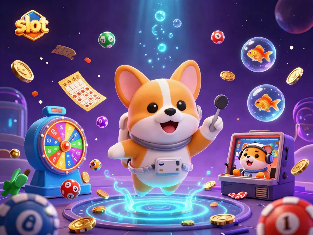 Experience thrilling slot action with a vibrant floating 3D scene filled with games, characters, and prizes.