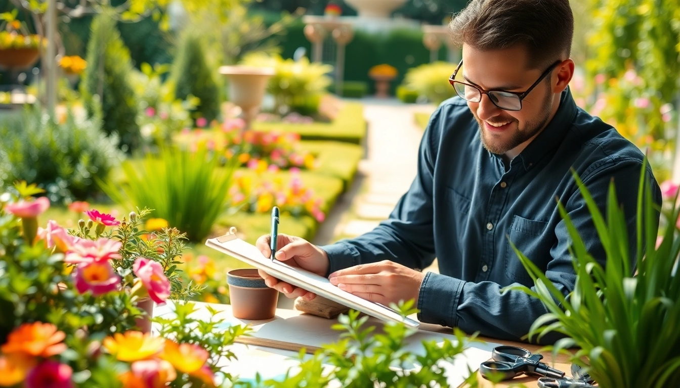 Gartenlandschaftsbau in action with a professional designing a vibrant garden.
