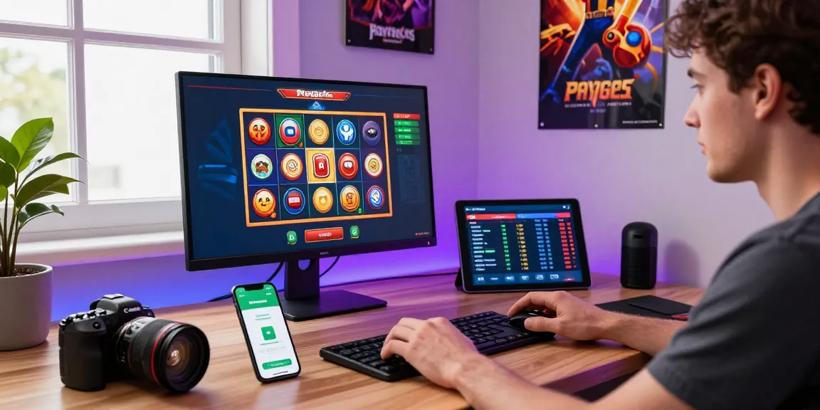 Engagierter Spieler in einem stilvollen Home-Office, der das Paysafe Card Casino für Online-Gaming nutzt, mit lebendigen Grafiken und Gaming-Zubehör.