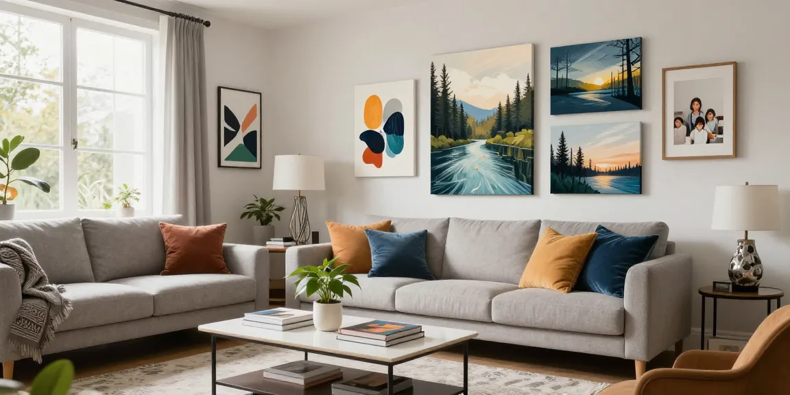 Stilvolle Leinwandbilder in modernem Wohnzimmer mit gemütlicher Einrichtung.